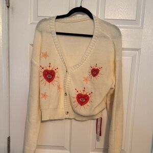 Cream Cardigan with Heart Embroidery